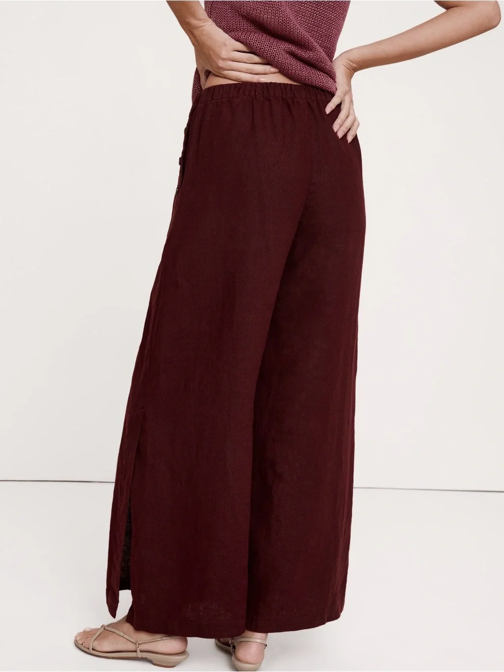 NWT Banana Republic High Rise Wide Leg Pull On Linen Sailor Burgandy Pant Sz M/T